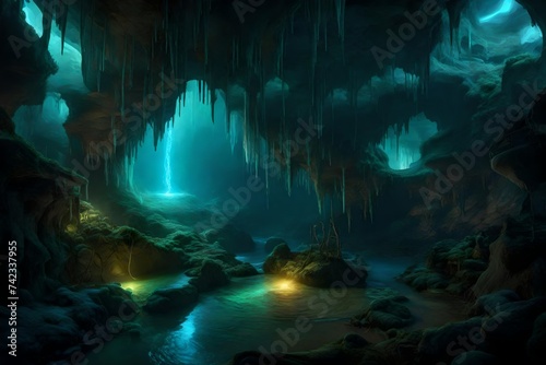 A cavern's underground depths, where bioluminescent fungi create a mystical glow.