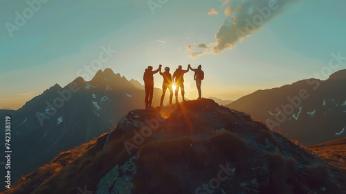 Panoramic view of team of people at the top of a mountain. Generative Ai Image