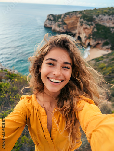 Happy Female taking selfie portrait on the coastline. Generative ai image