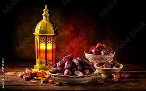 Ramadan iftar with dates, ramadan lantern evening light ai generated image