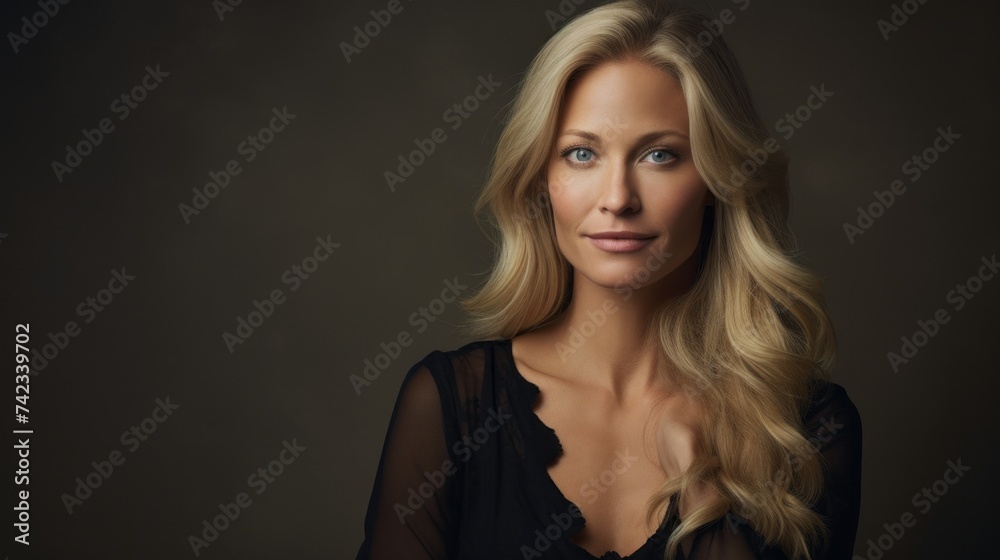 beautiful blonde woman with blue eyes, well-groomed long hair, clean radiant skin, Natural beauty looking into the camera on a dark background from a copy space. Cosmetology, cosmetics, care concepts. beautiful blonde woman with blue eyes, well-groomed long hair, clean radiant skin, Natural beauty looking into the camera on a dark background from a copy space. Cosmetology, cosmetics, care concepts.