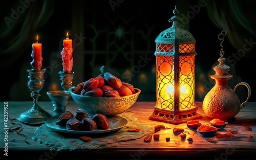 Ramadan iftar with dates, ramadan lantern evening light ai generated image (ID: 742339920)