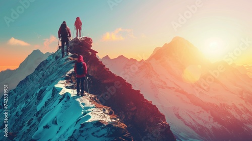 Mountain Climbers on a Snow-Covered Ridge at Sunset
