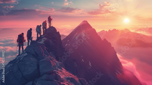 Adventurous Couple Hiking at Sunrise on a Majestic Mountain photo