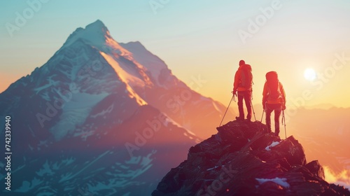 Mountain Adventurers at Sunrise: Hiking the Snowy Peaks