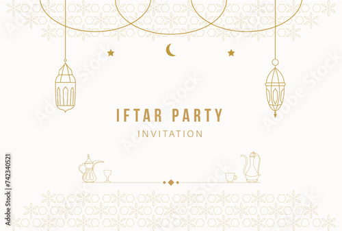 Iftar Party Ramadan Invitation greeting card poster template design with crescent and lantern monoline vector illustration.