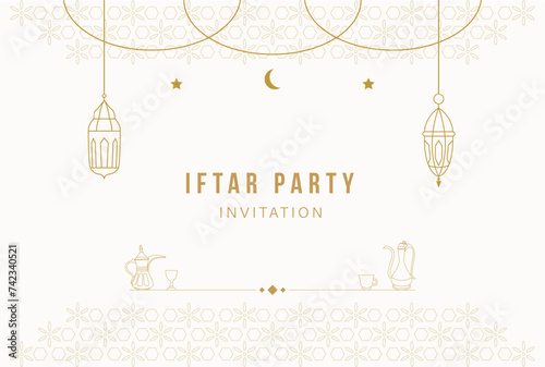 Iftar Party Ramadan Invitation greeting card poster template design with crescent and lantern monoline vector illustration.