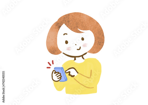 スマホを操作する女性の上半身手描きイラスト