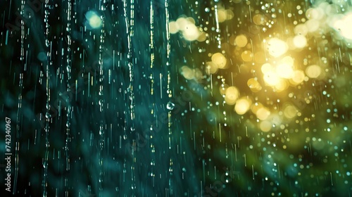 rain drops dripping on glass with city lights bokeh blurred background.