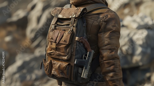 Close-up of a Brown Leather Backpack and Holstered Pistol on a Man's Shoulder Outdoors