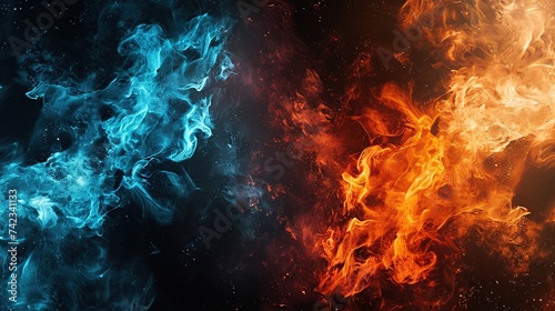 Abstract background of red and blue fire flames mixing isolated on black background.