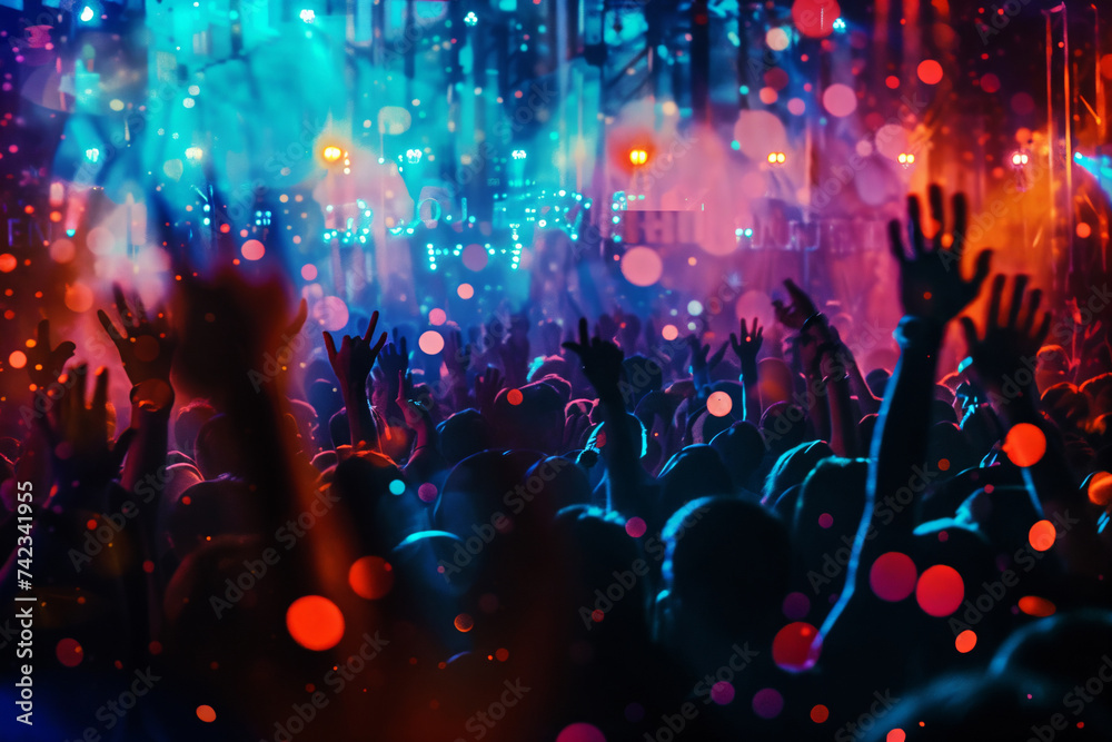 Dynamic Nightclub Scene: A Crowded Dancefloor during a Musical Concert Show. The Full Nightclub is Alive with People Having Fun and Enjoying the Music. The Energetic Crowd Waves Hands in Excitement.