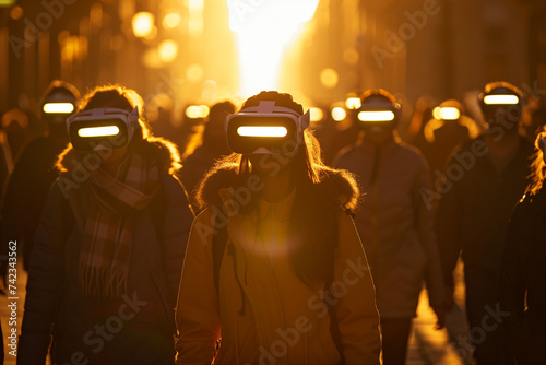People with VR headsets walking on a city street in future