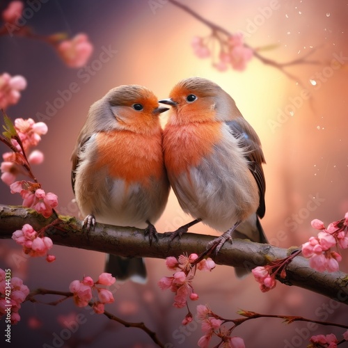 Two adorable birds snuggle together on a blooming branch, symbolizing companionship and the beauty of spring. 