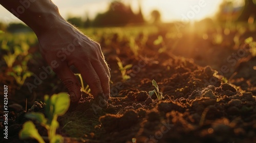 Expert female farmer collects soil and checks soil health before planting vegetable seeds or seedlings. photo