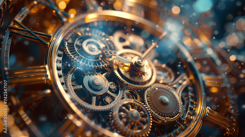 Explore the fluidity of time in an abstract clockwork realm, where gears and clocks meld together in a rhythmic dance of temporal elegance.