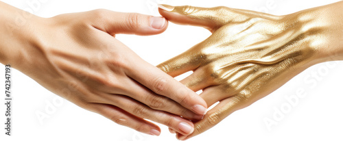 golden hand and human hand shaking or touching together,partner business concept isolated on white or transparent background,transparency,smiling, relaxation, ideas, imagination, creative, intelligenc photo