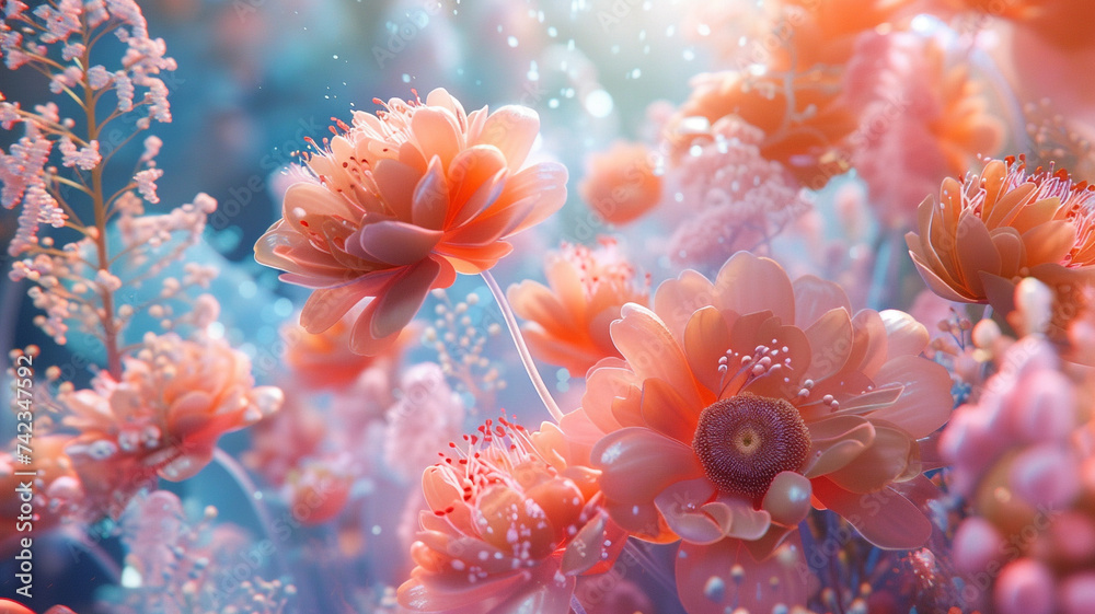 Obraz premium Explore the microscopic wonders of a surreal garden, where translucent flora blooms in an otherworldly symphony of light and form.