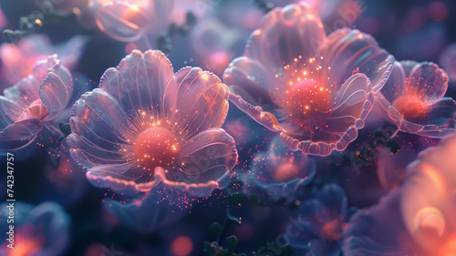 Explore the microscopic wonders of a surreal garden, where translucent flora blooms in an otherworldly symphony of light and form. © memoona