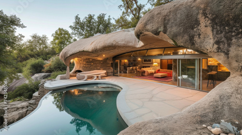 The backyard of this unique home is built around a mive rock formation with a pool and patio seamlessly blending into the landscape. photo