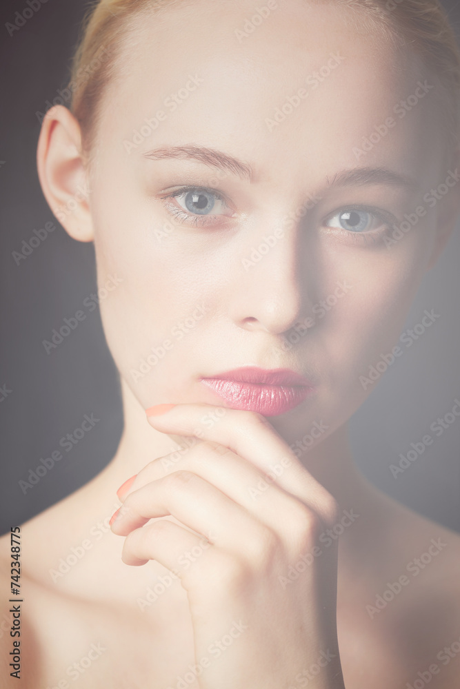 Woman, beauty and portrait with skincare, makeup and cosmetics with facial glow treatment. Studio, dermatology and female person from Switzerland with shine and wellness care with grey background Woman, beauty and portrait with skincare, makeup and cosmetics with facial glow treatment. Studio, dermatology and female person from Switzerland with shine and wellness care with grey background