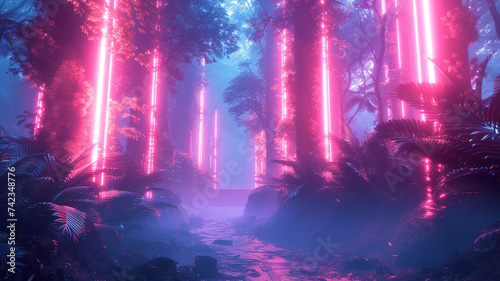 Glide through the neon trails of a cybernetic jungle  where digital vines intertwine  forming a glowing canopy that pulses with energy.