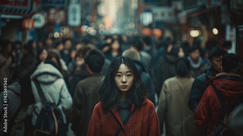 A young Asian woman standing out in a crowded street
