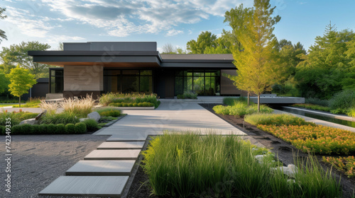 The minimalist approach to landscaping in this home highlights the natural beauty of its surroundings with a few wellp trees and shrubs providing a touch of green against