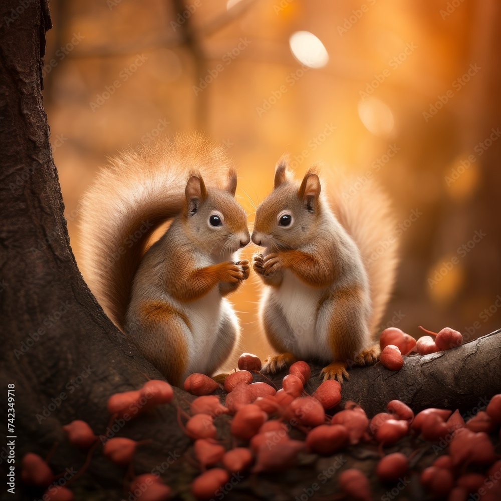 Two charming squirrels appear to share a tender moment, holding a heart together in a sweet display of affection.
Two charming squirrels appear to share a tender moment, holding a heart together in a sweet display of affection.
