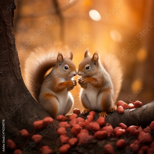 Two charming squirrels appear to share a tender moment, holding a heart together in a sweet display of affection. 