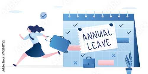 Businesswoman running with luggage from calendar with annual leave note. Annual leave, take day off, vacation to rest and relax from hard work