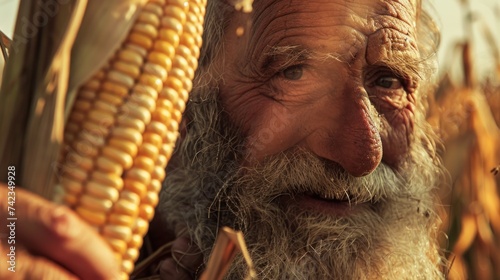 Smiling bearded old farmer looking at camera behind corn cob for animals