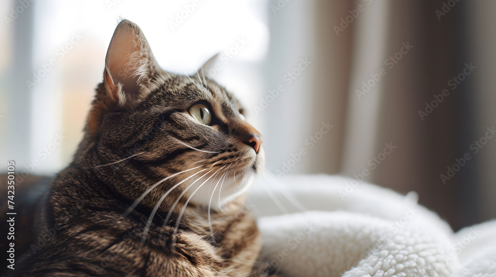Tabby Cat Gazing Thoughtfully by the Window Soft Light Portrait
