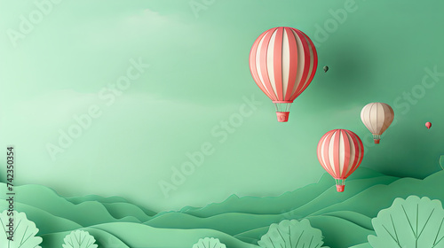 Paper art of hot air balloon flying in the sky with green grass and trees.