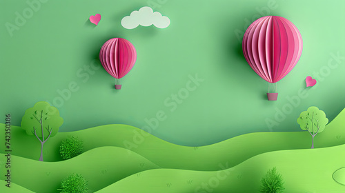 Paper art of hot air balloon flying in the sky with green grass and trees.