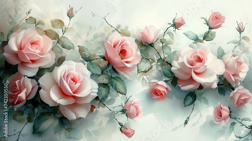 Watercolor painting of beautiful pink and white roses on white background.