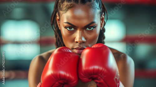 Determined Female Boxer with Red Gloves in the Ring