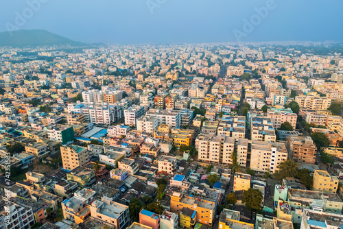 Aerial view of Vijayawada city, is a second largest city in the state of Andhra Pradesh in India.