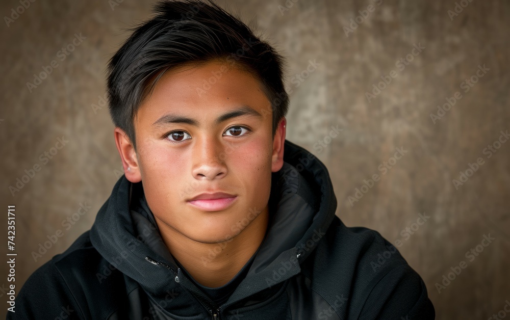 A young man with a multiracial background wearing a black hoodie is making direct eye contact with the camera A young man with a multiracial background wearing a black hoodie is making direct eye contact with the camera