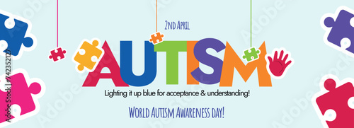 World Autism Day 2024. 2nd April World Autism Day celebration cover banner with colourful text and puzzle pieces . Autism awareness cover banner, social media post with colour puzzle hanging pieces. 