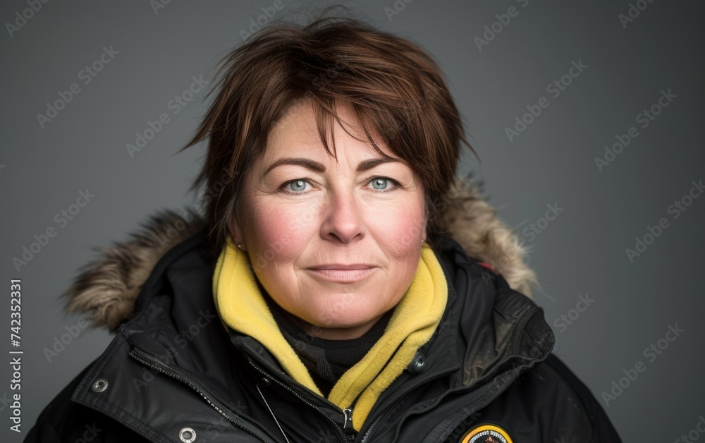 A multiracial woman wearing a black jacket and a yellow scarf A multiracial woman wearing a black jacket and a yellow scarf