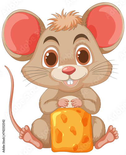 Cute cartoon mouse holding a large cheese block
