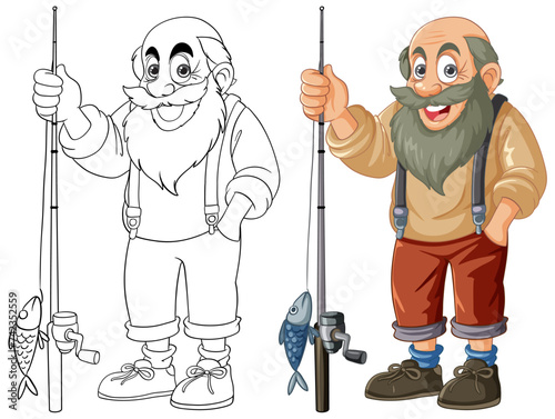 Cartoon fisherman holding a fishing rod and fish.