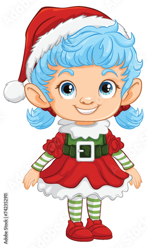 Cartoon elf with blue hair in holiday costume.