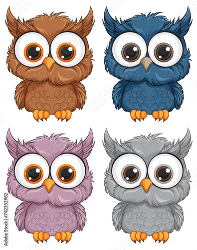 Four cute owls with different color feathers.