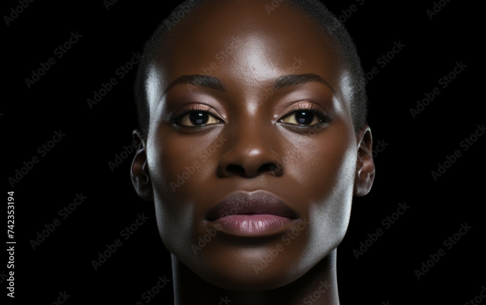 Detailed close-up of a multiracial womans face against a black background, showing features like eyes, skin, and expression Detailed close-up of a multiracial womans face against a black background, showing features like eyes, skin, and expression
