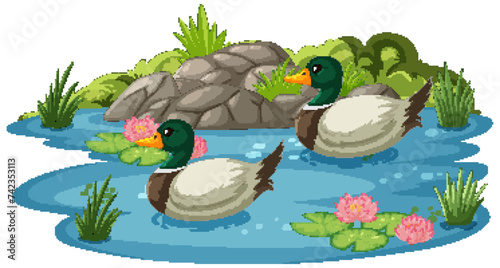 Two ducks glide peacefully on a tranquil pond.