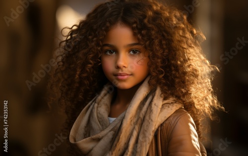 A young girl with curly hair confidently wears a scarf, showcasing her unique style and personality © imagineRbc