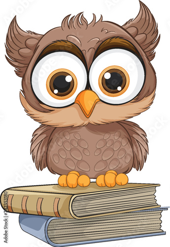 Cute cartoon owl sitting on a pile of books