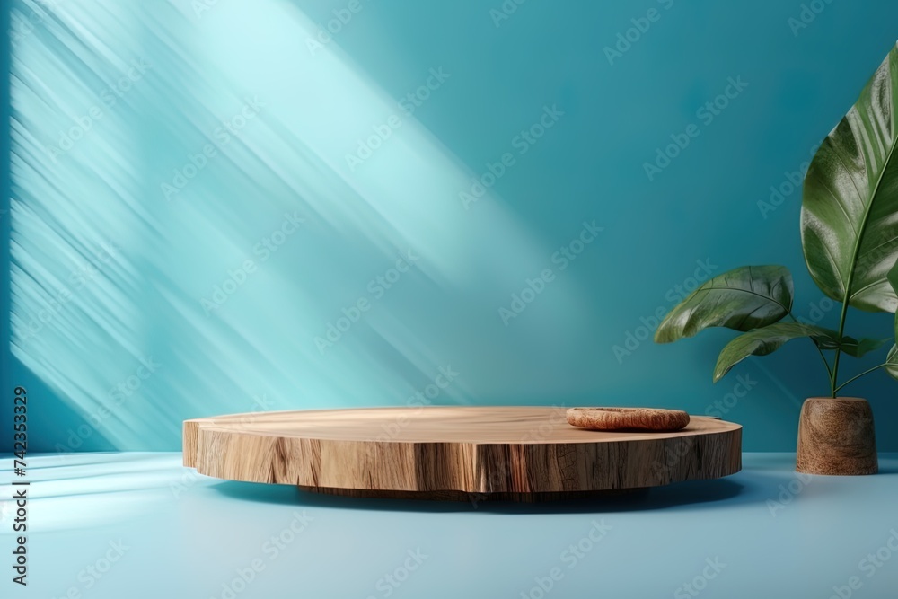 Empty podium wooden round cylindrical on a blue background and a background of green plants for advertising, marketing - obrazy, fototapety, plakaty 